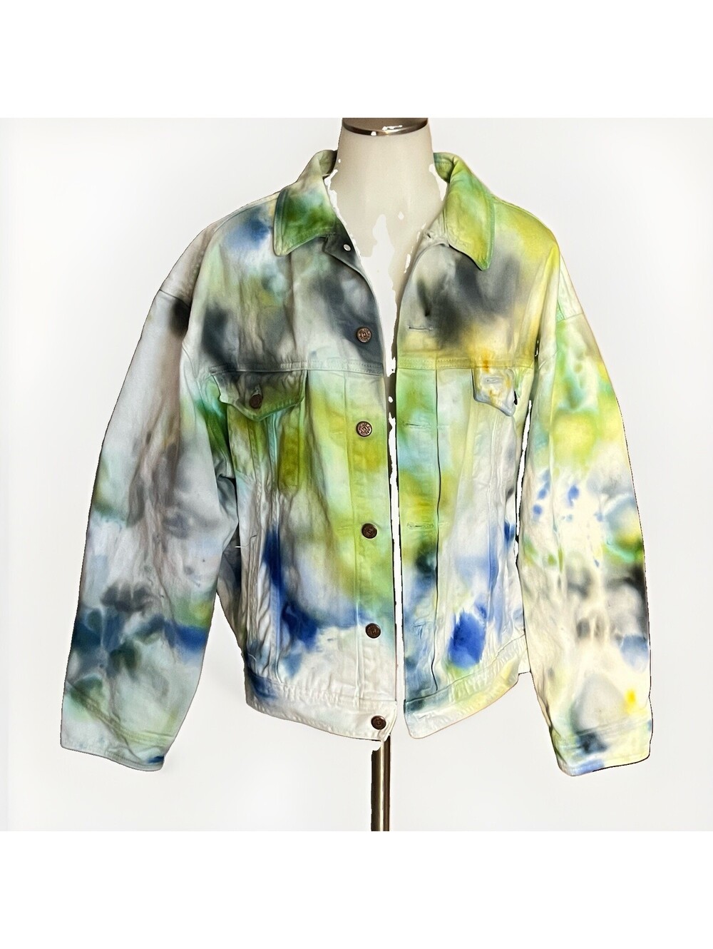 VTG Claiborne Denim Trucker Jacket Mens L Fits 2XL 54 Chest Hand Ice Dyed USA